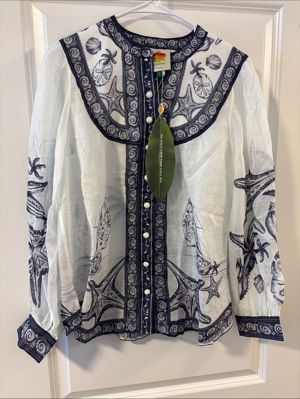 FARM Rio White Button-Front Embroidered Nautical Blouse in Navy